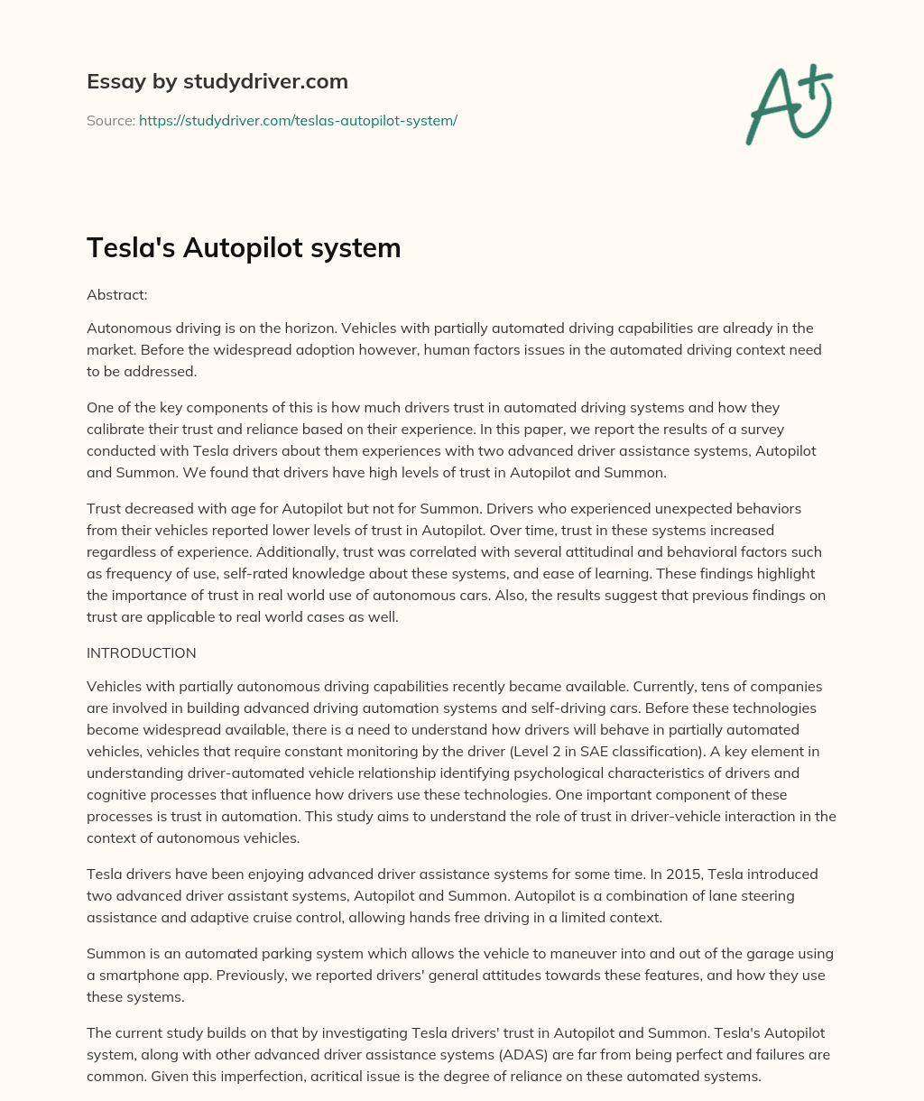 Tesla’s Autopilot System essay