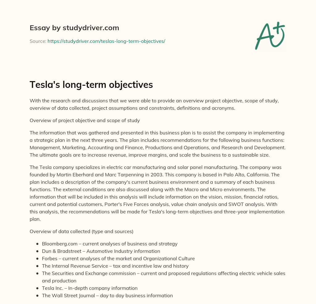 Tesla’s Long-term Objectives essay