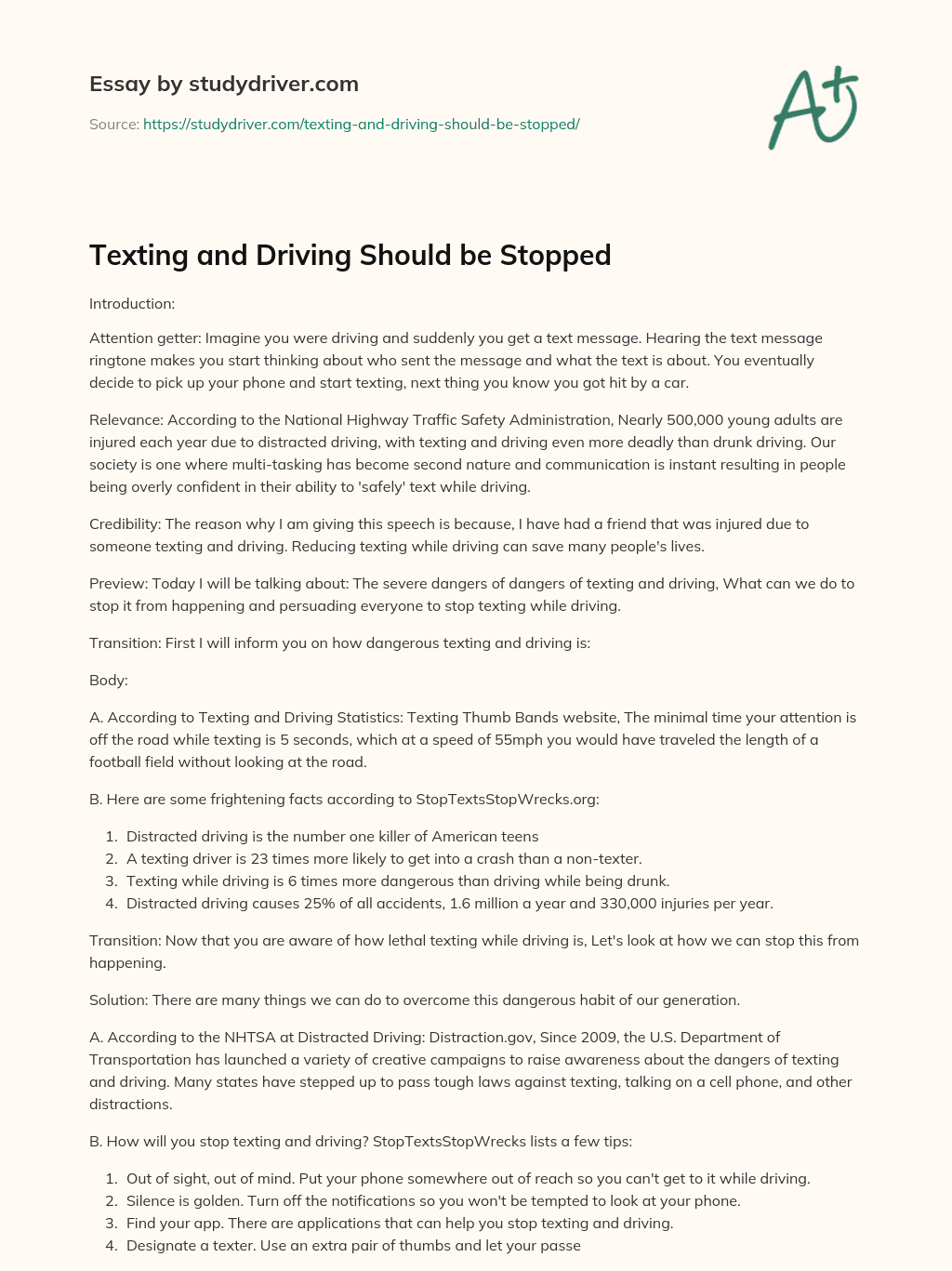 Texting and Driving should be Stopped essay