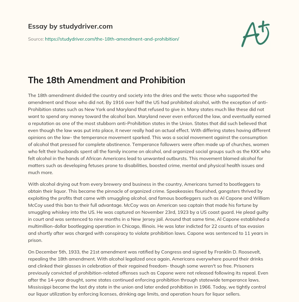 The 18th Amendment and Prohibition essay