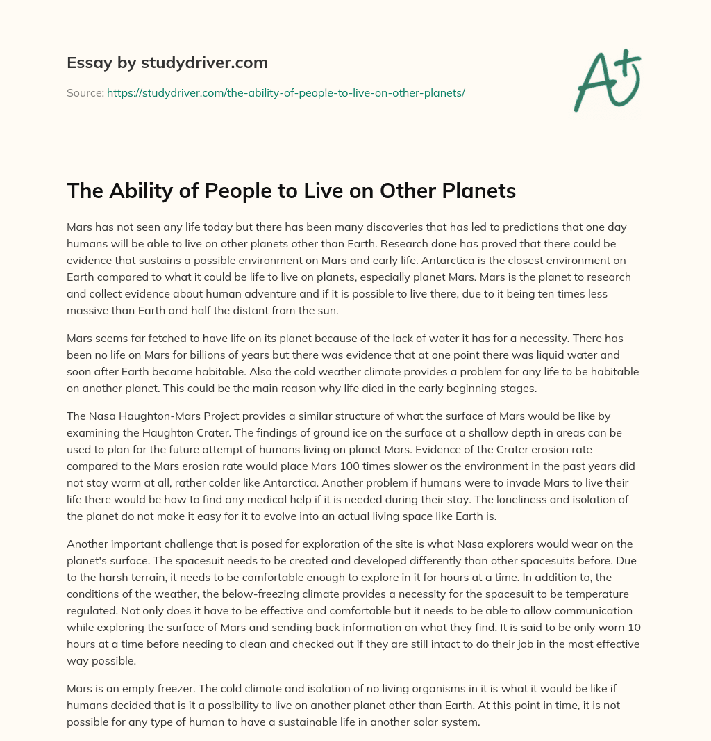 The Ability of People to Live on other Planets essay