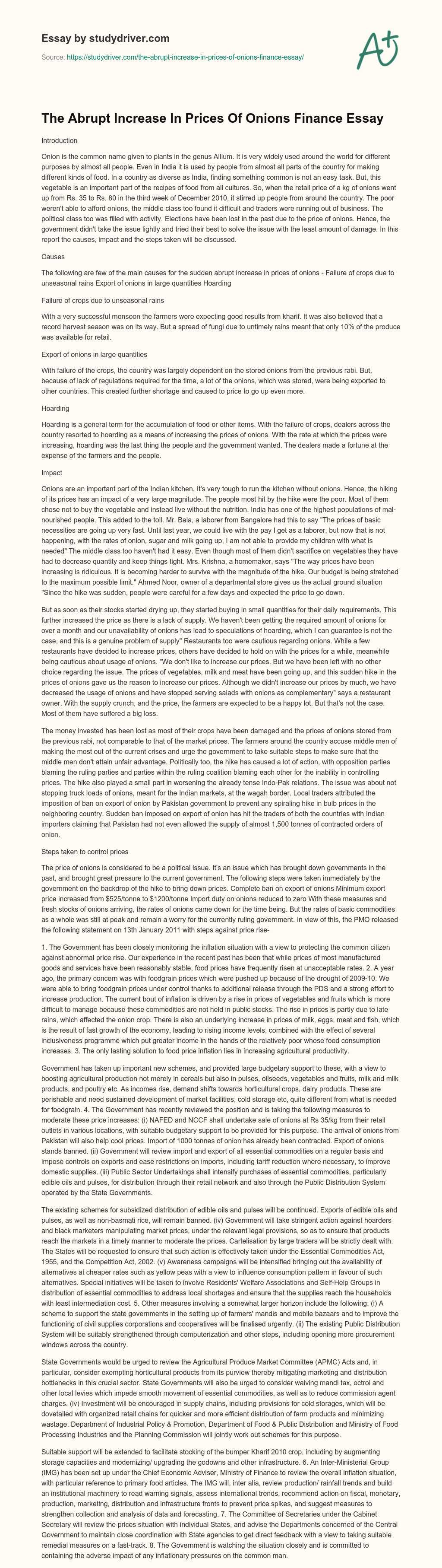 The Abrupt Increase in Prices of Onions Finance Essay essay