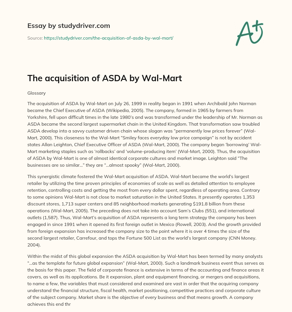 The Acquisition of ASDA by Wal-Mart essay