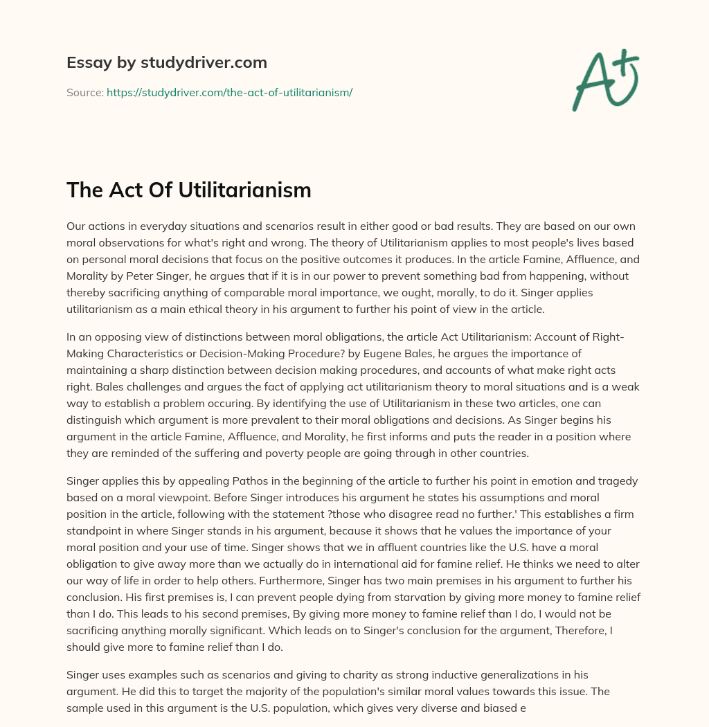 The Act of Utilitarianism essay