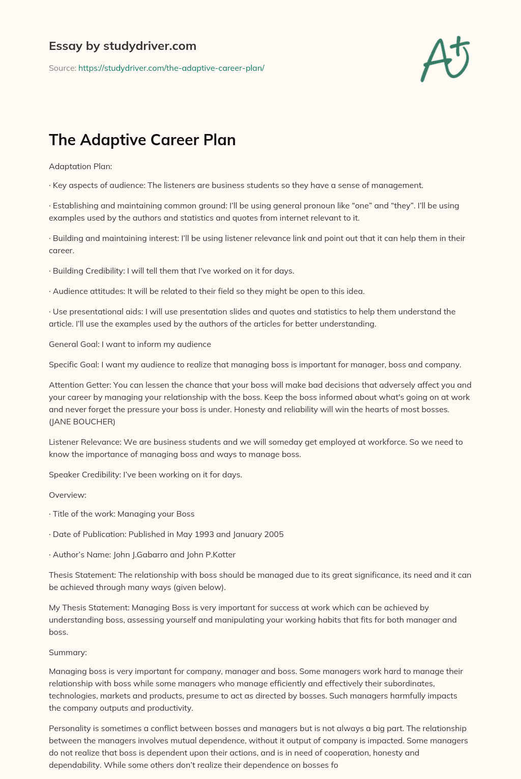 The Adaptive Career Plan essay
