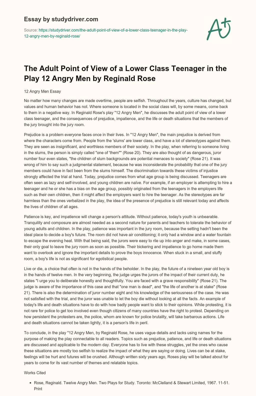 The Adult Point of View of a Lower Class Teenager in the Play 12 Angry Men by Reginald Rose essay
