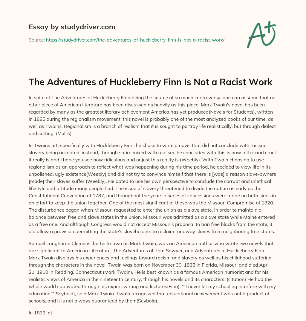 The Adventures of Huckleberry Finn is not a Racist Work essay