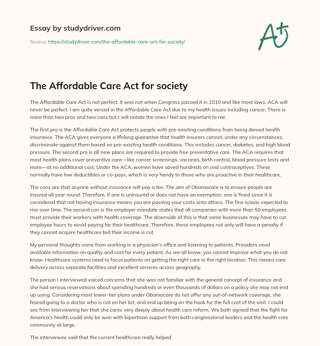The Affordable Care Act for Society essay