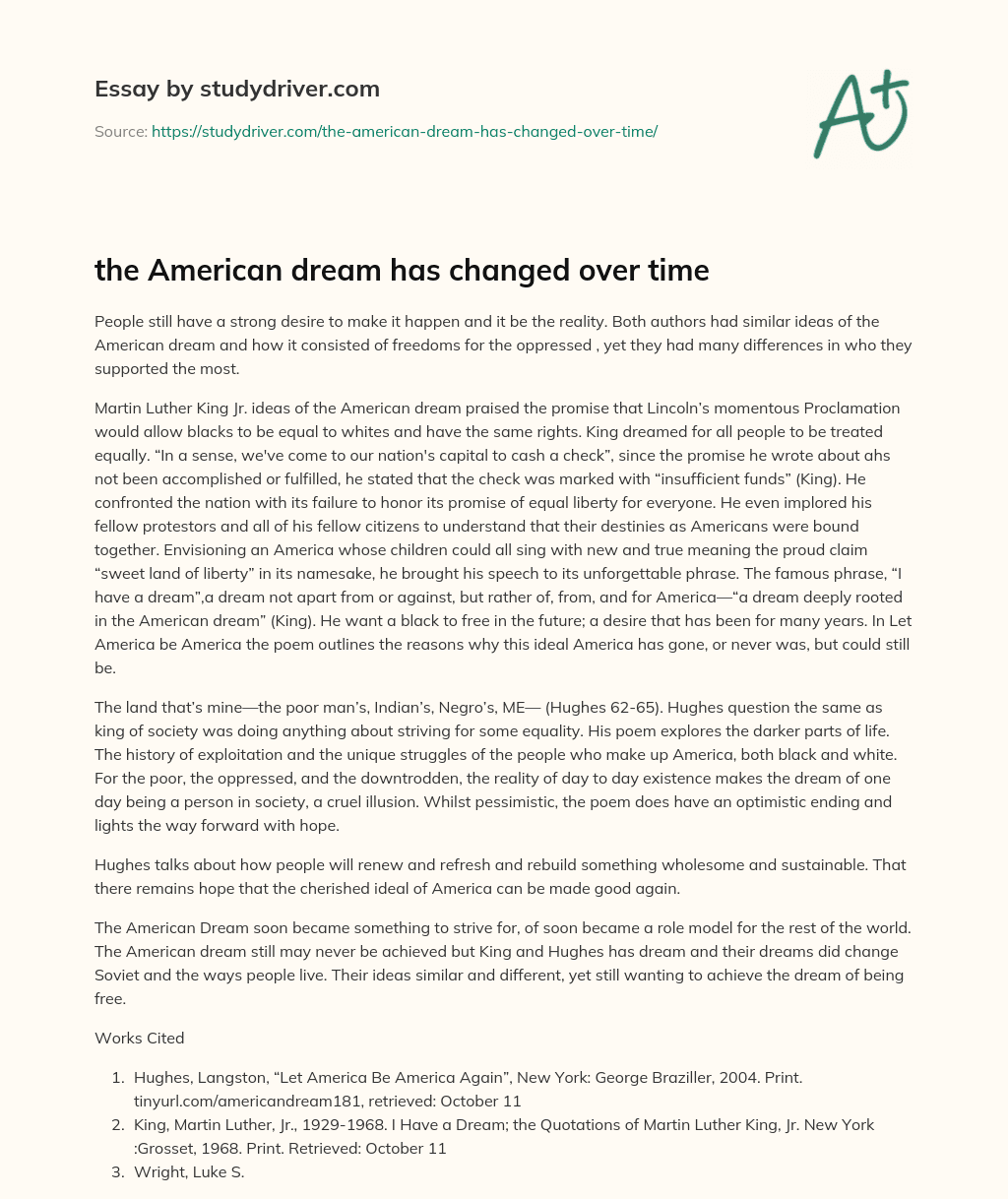 the American Dream has Changed over Time essay