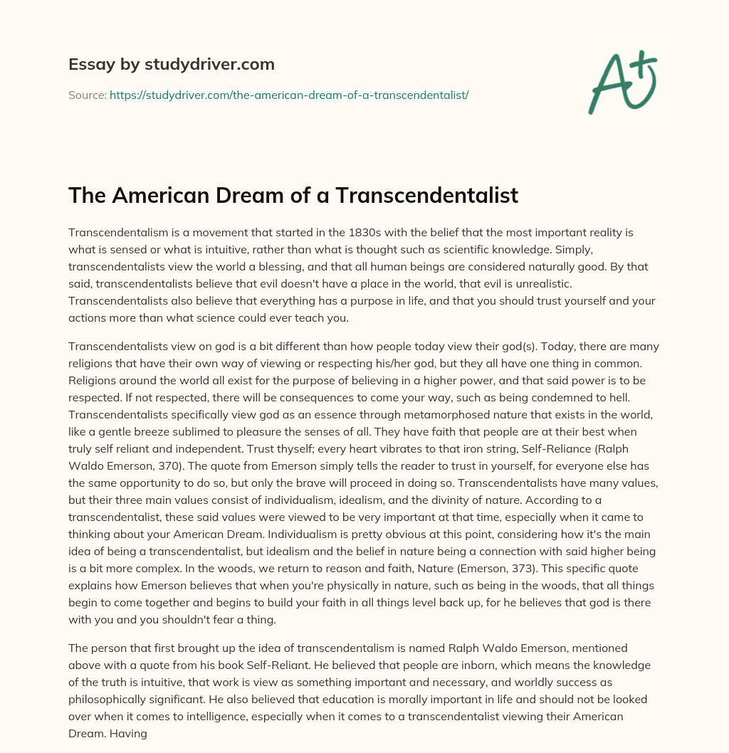 The American Dream of a Transcendentalist essay