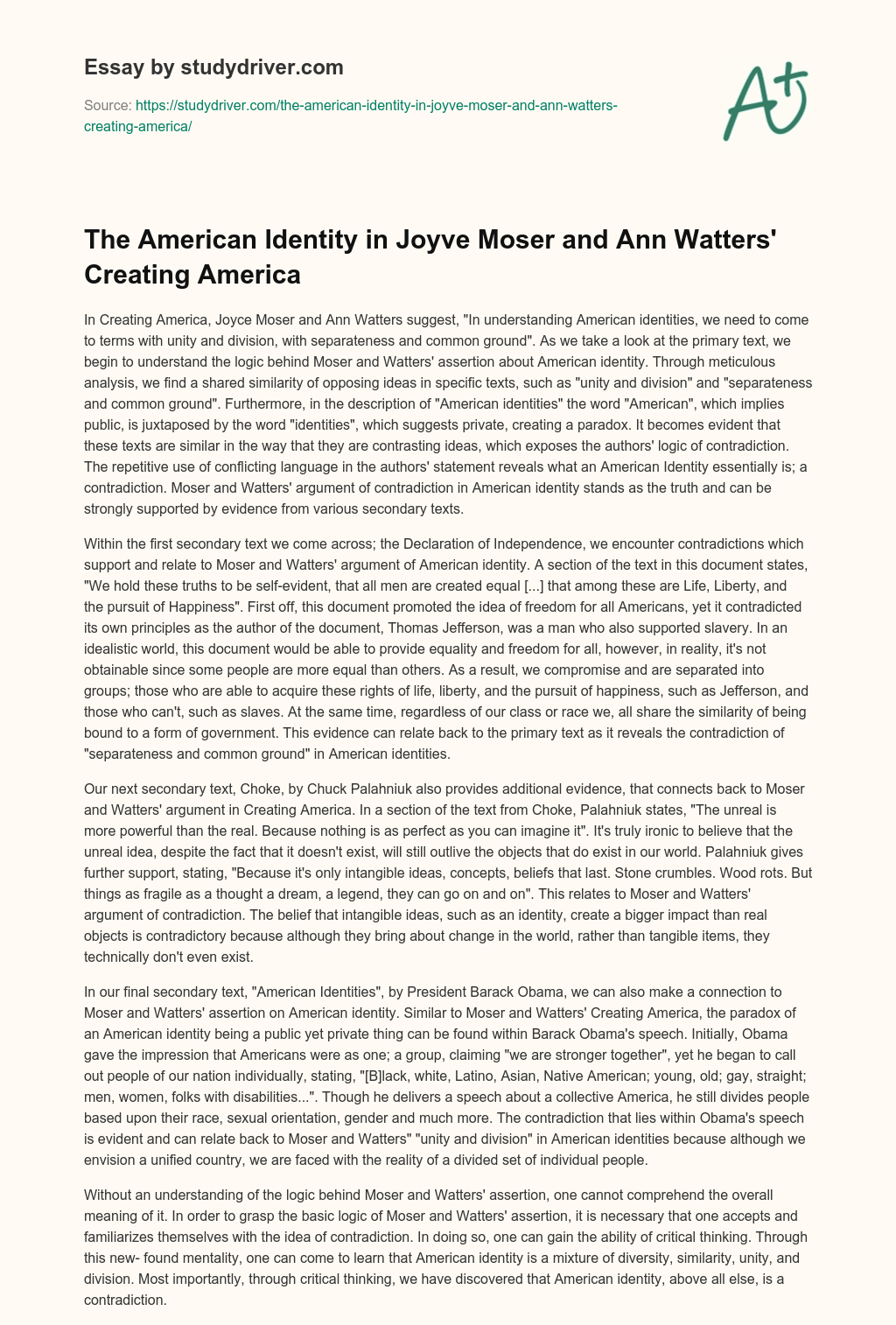 The American Identity in Joyve Moser and Ann Watters’ Creating America essay