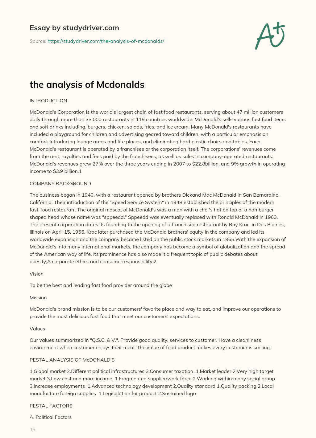 the Analysis of Mcdonalds essay
