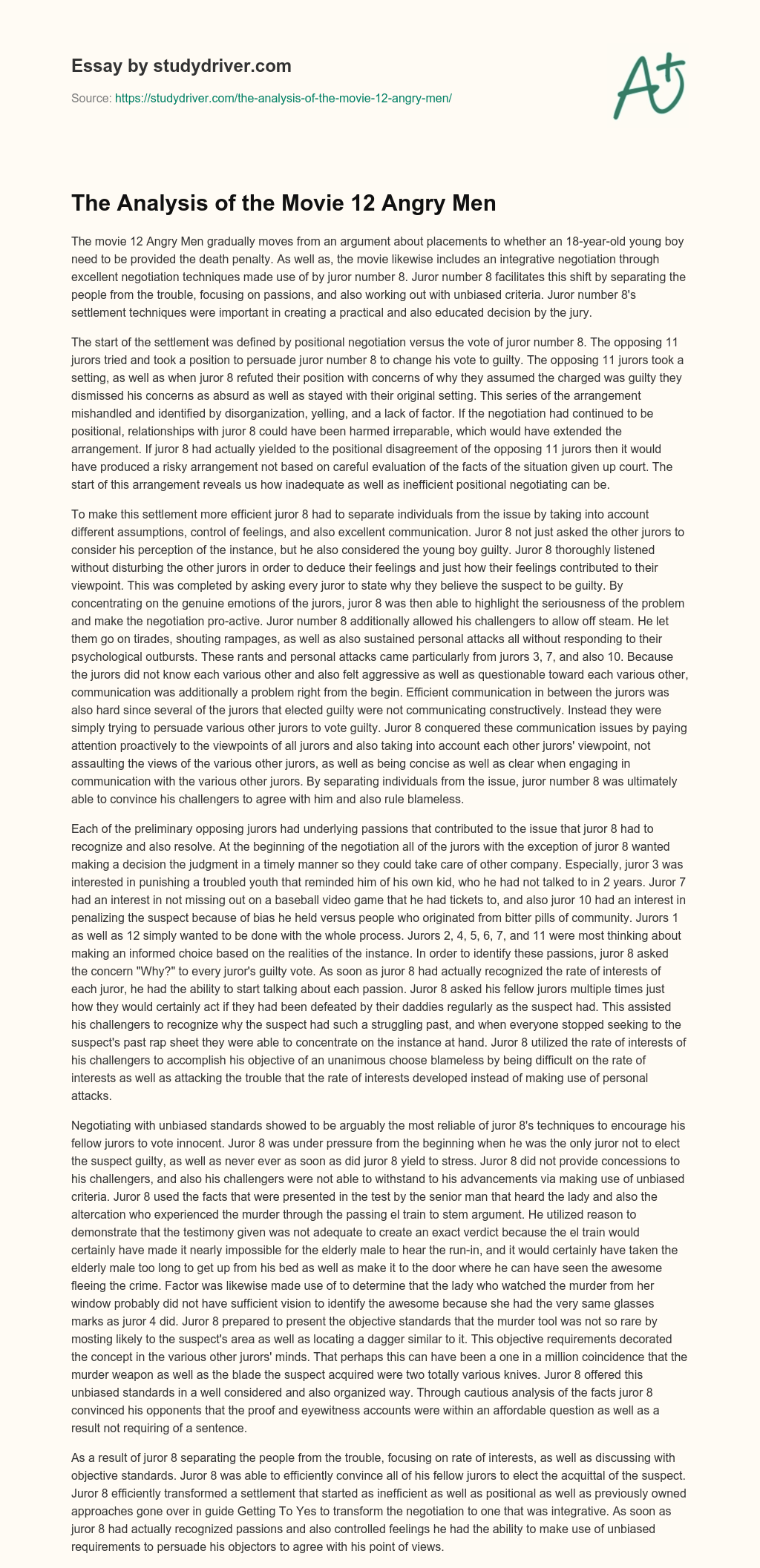 The Analysis of the Movie 12 Angry Men essay