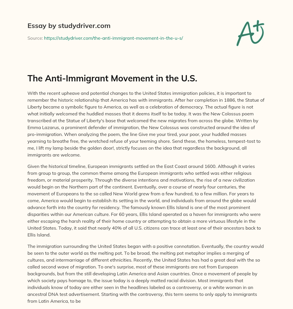 The Anti-Immigrant Movement in the U.S. essay