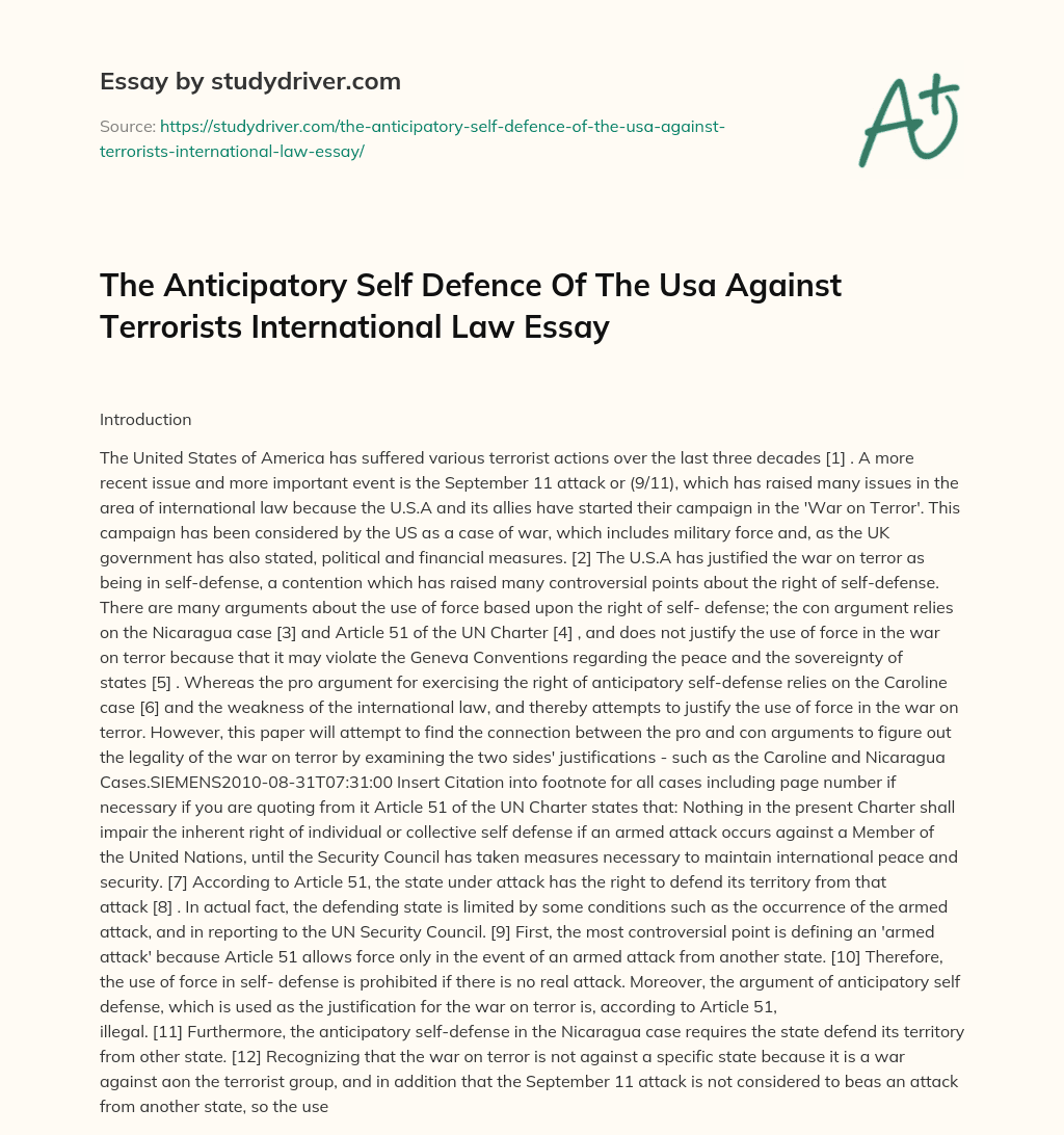 The Anticipatory Self Defence of the Usa against Terrorists International Law Essay essay
