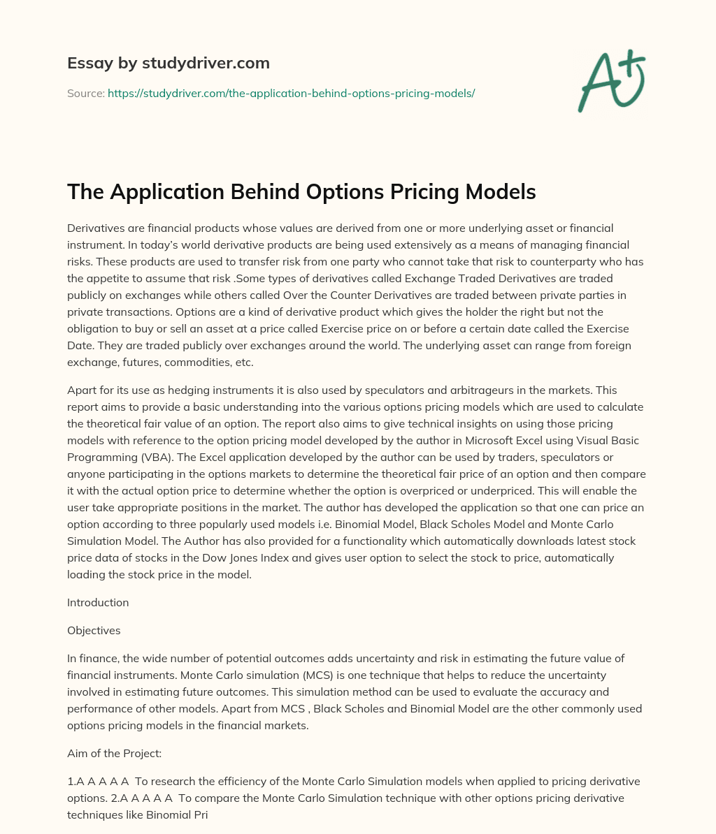 The Application Behind Options Pricing Models essay