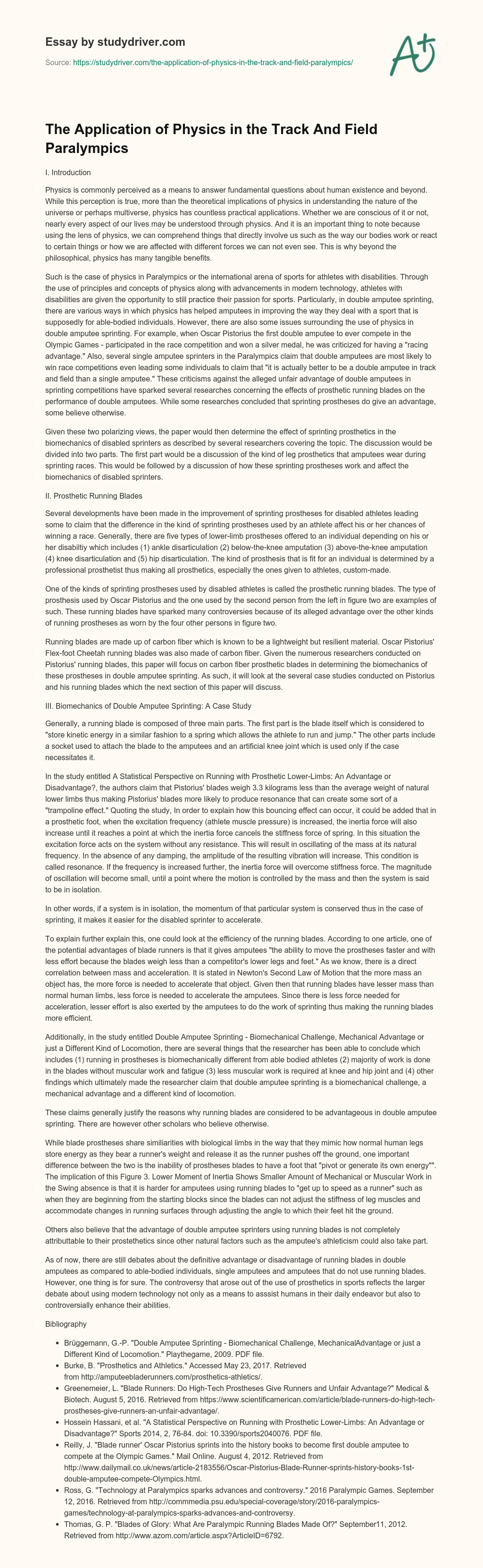 The Application of Physics in the Track and Field Paralympics essay