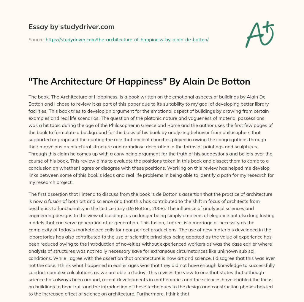 “The Architecture of Happiness” by Alain De Botton essay
