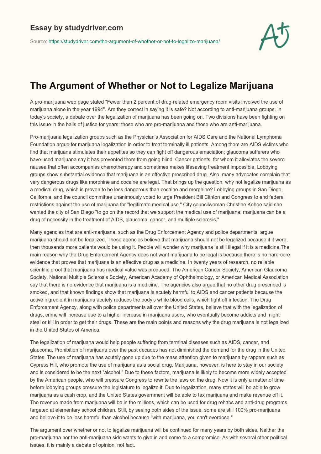 The Argument of Whether or not to Legalize Marijuana essay