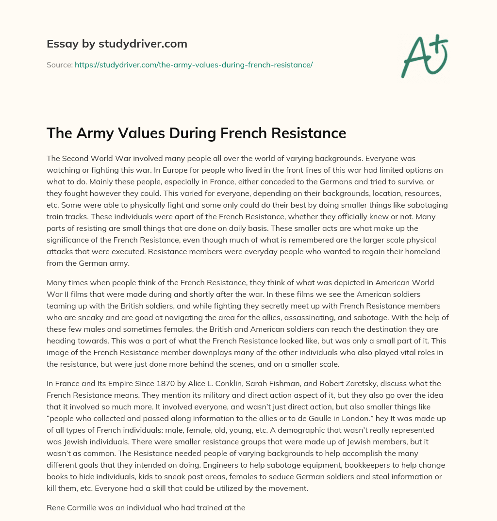 The Army Values during French Resistance essay