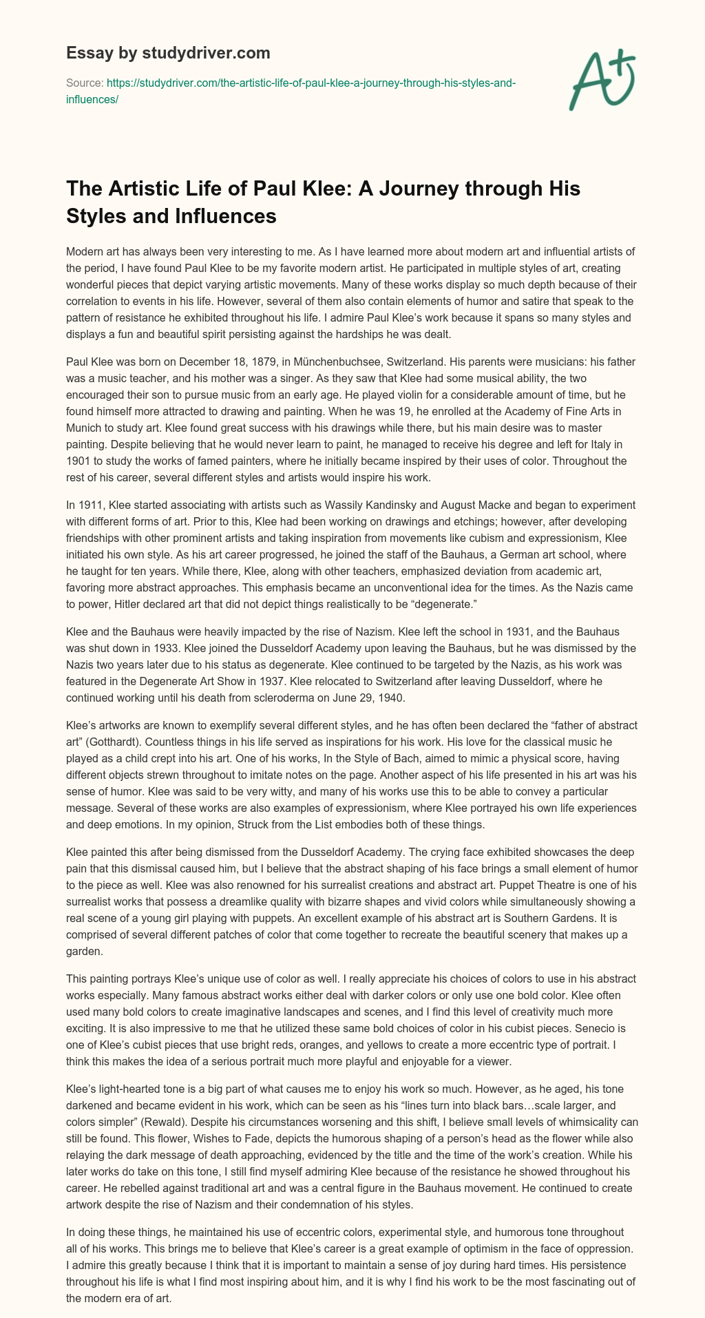 The Artistic Life of Paul Klee: a Journey through his Styles and Influences essay