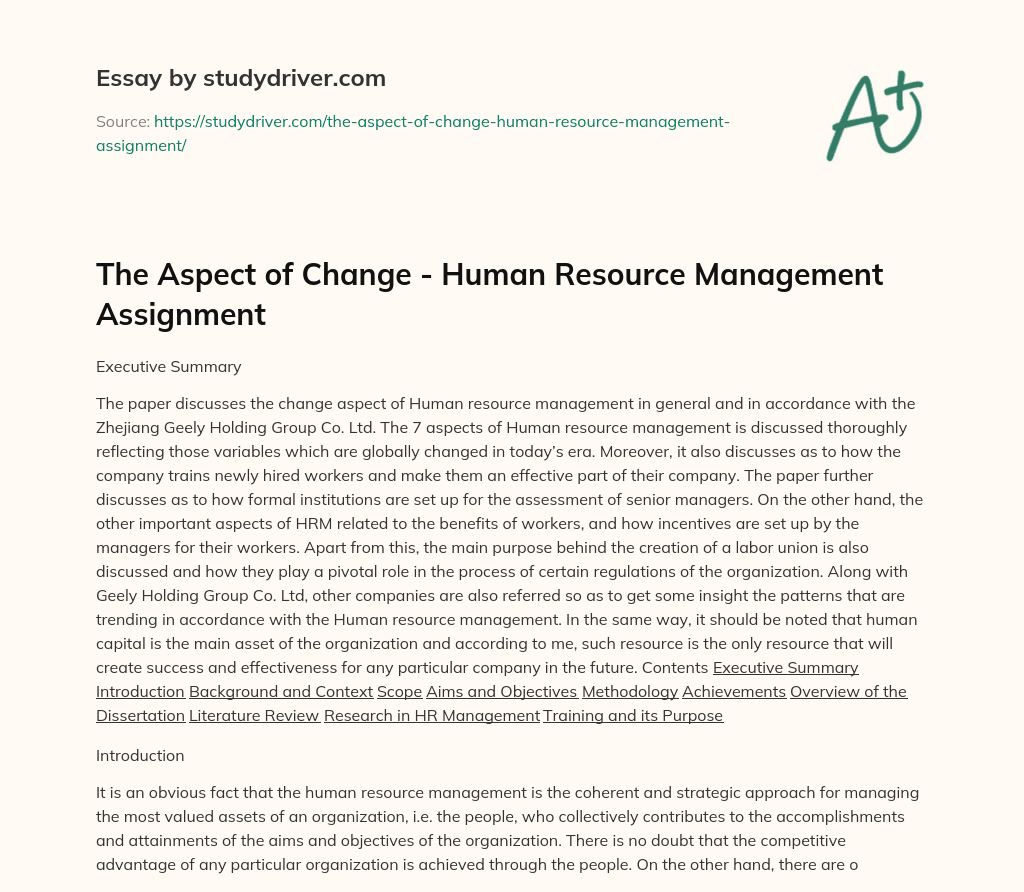 The Aspect of Change – Human Resource Management Assignment essay
