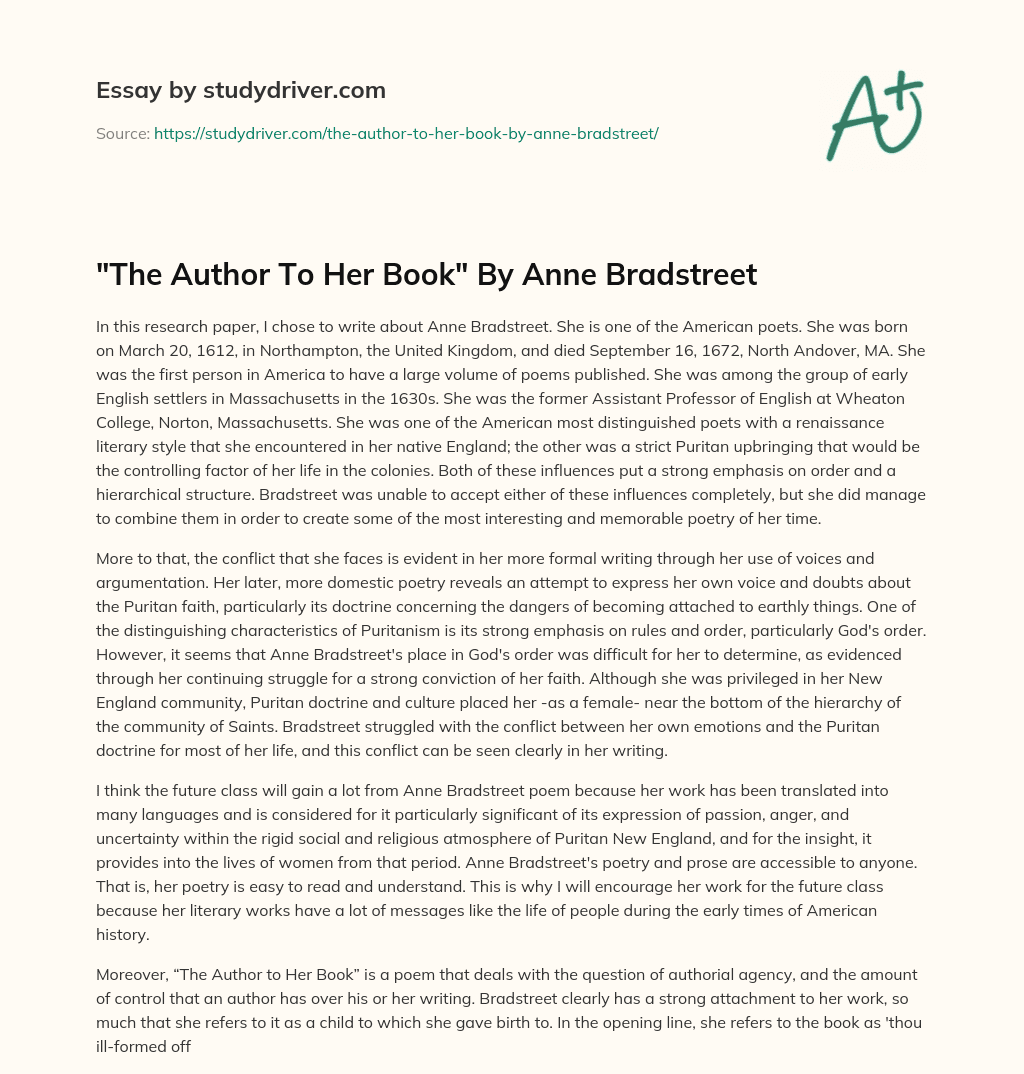 “The Author to her Book” by Anne Bradstreet essay
