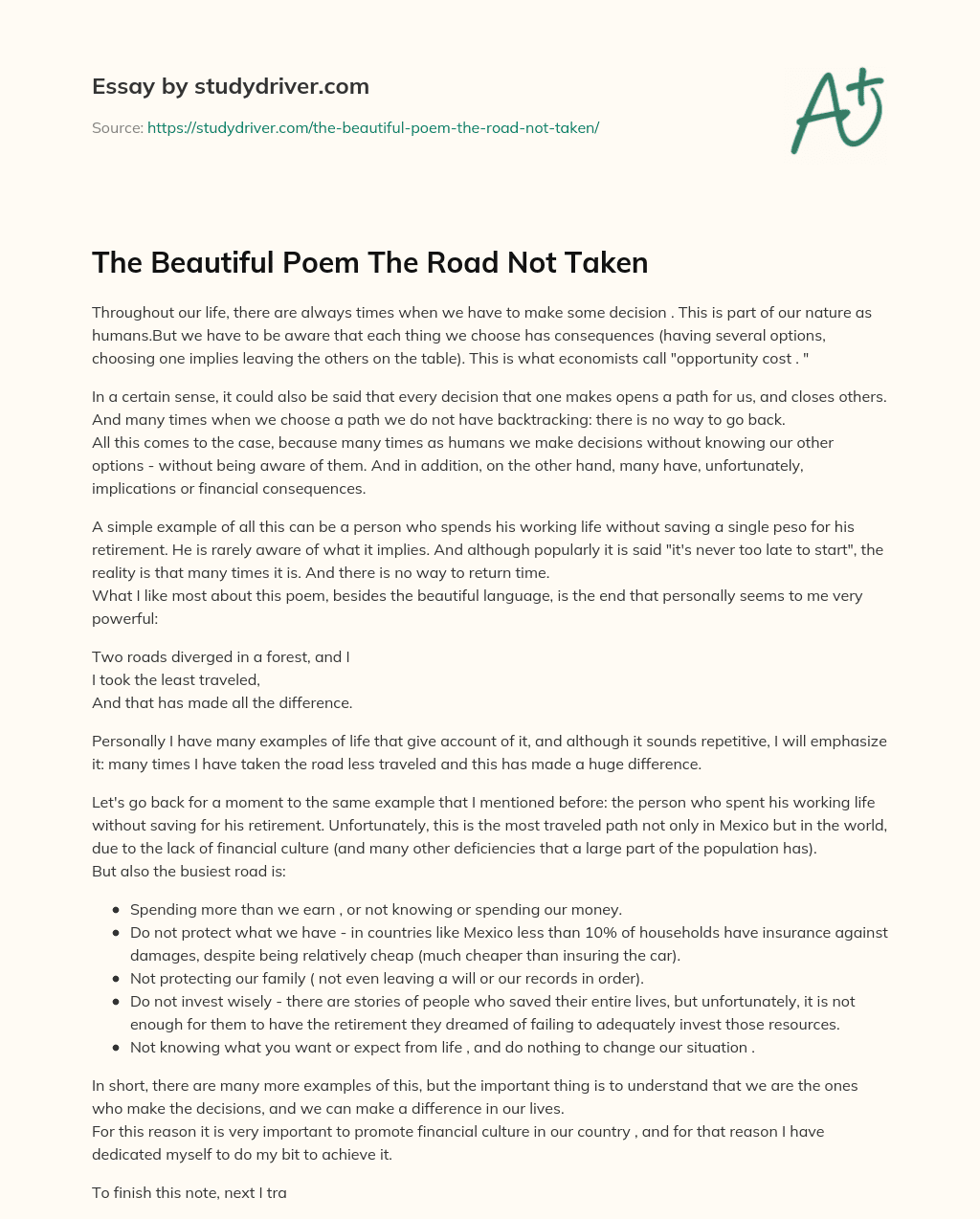 The Beautiful Poem the Road not Taken essay