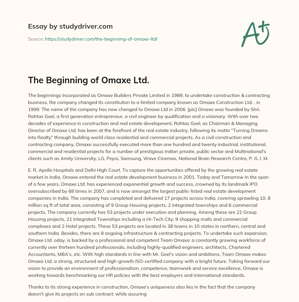 The Beginning of Omaxe Ltd. essay