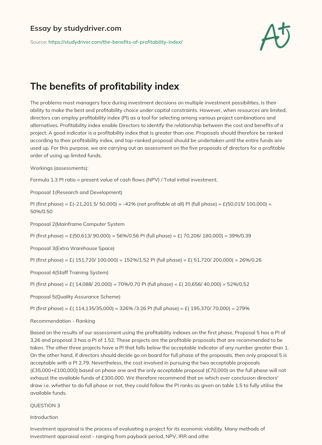 The Benefits of Profitability Index essay