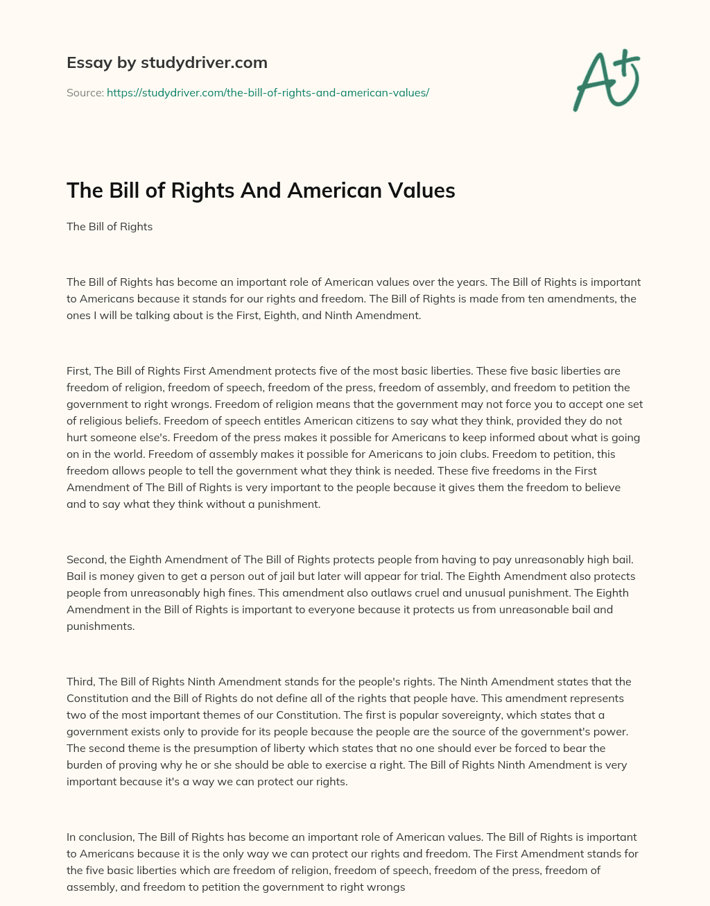 The Bill of Rights and American Values essay