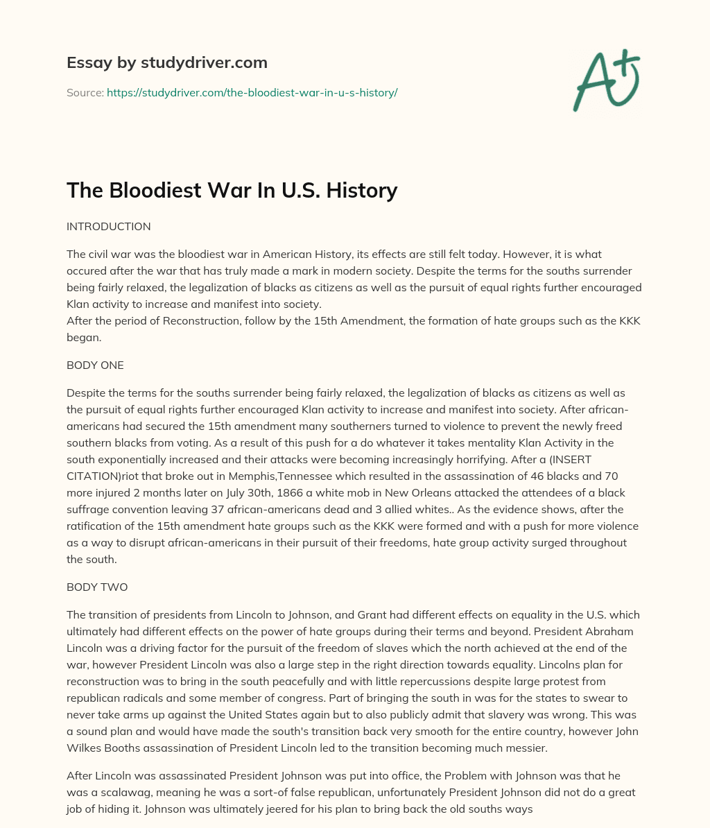 The Bloodiest War in U.S. History essay