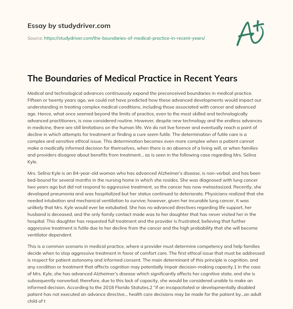The Boundaries of Medical Practice in Recent Years essay