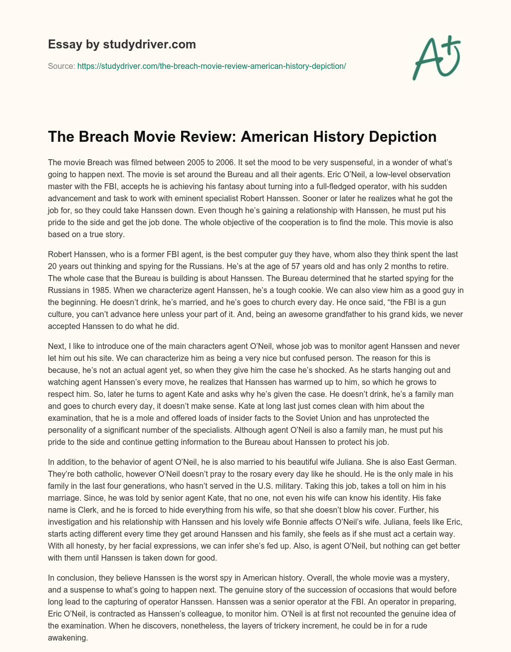 The Breach Movie Review: American History Depiction essay