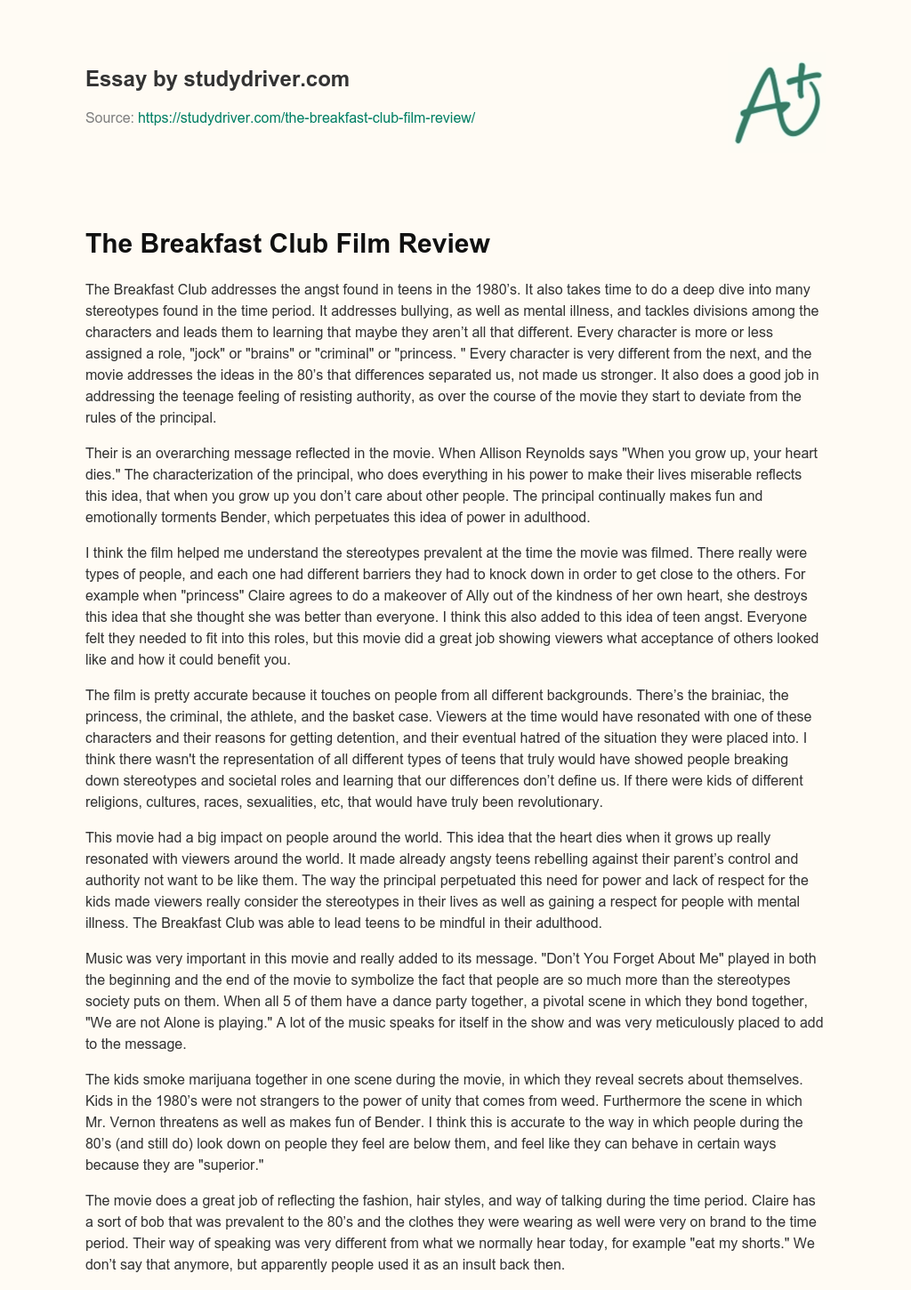 The Breakfast Club Film Review essay