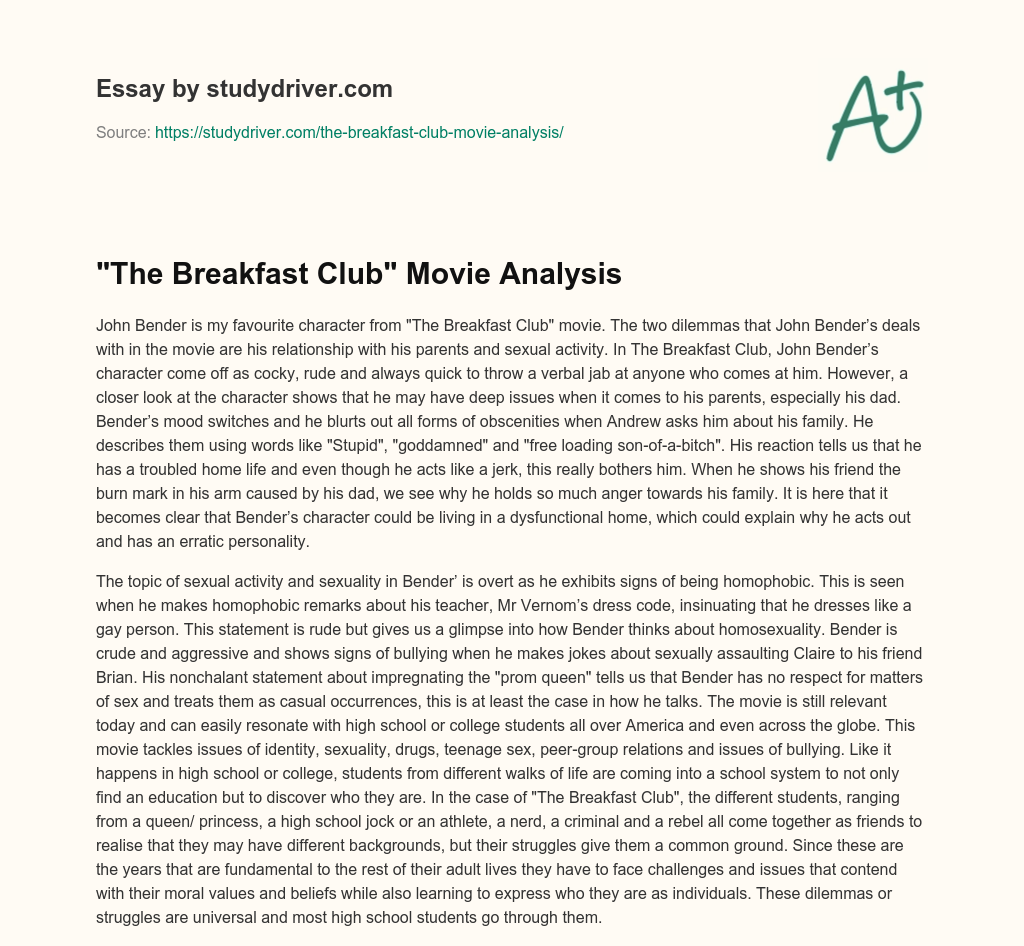 “The Breakfast Club” Movie Analysis essay