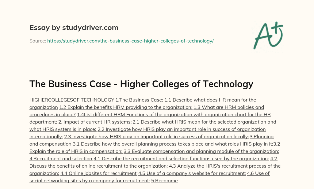 The Business Case – Higher Colleges of Technology essay