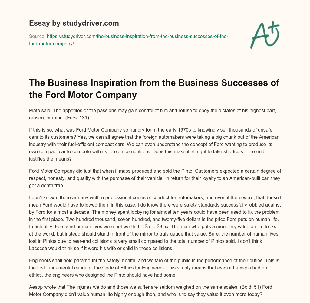 The Business Inspiration from the Business Successes of the Ford Motor Company essay