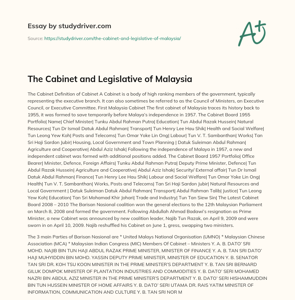 The Cabinet and Legislative of Malaysia essay