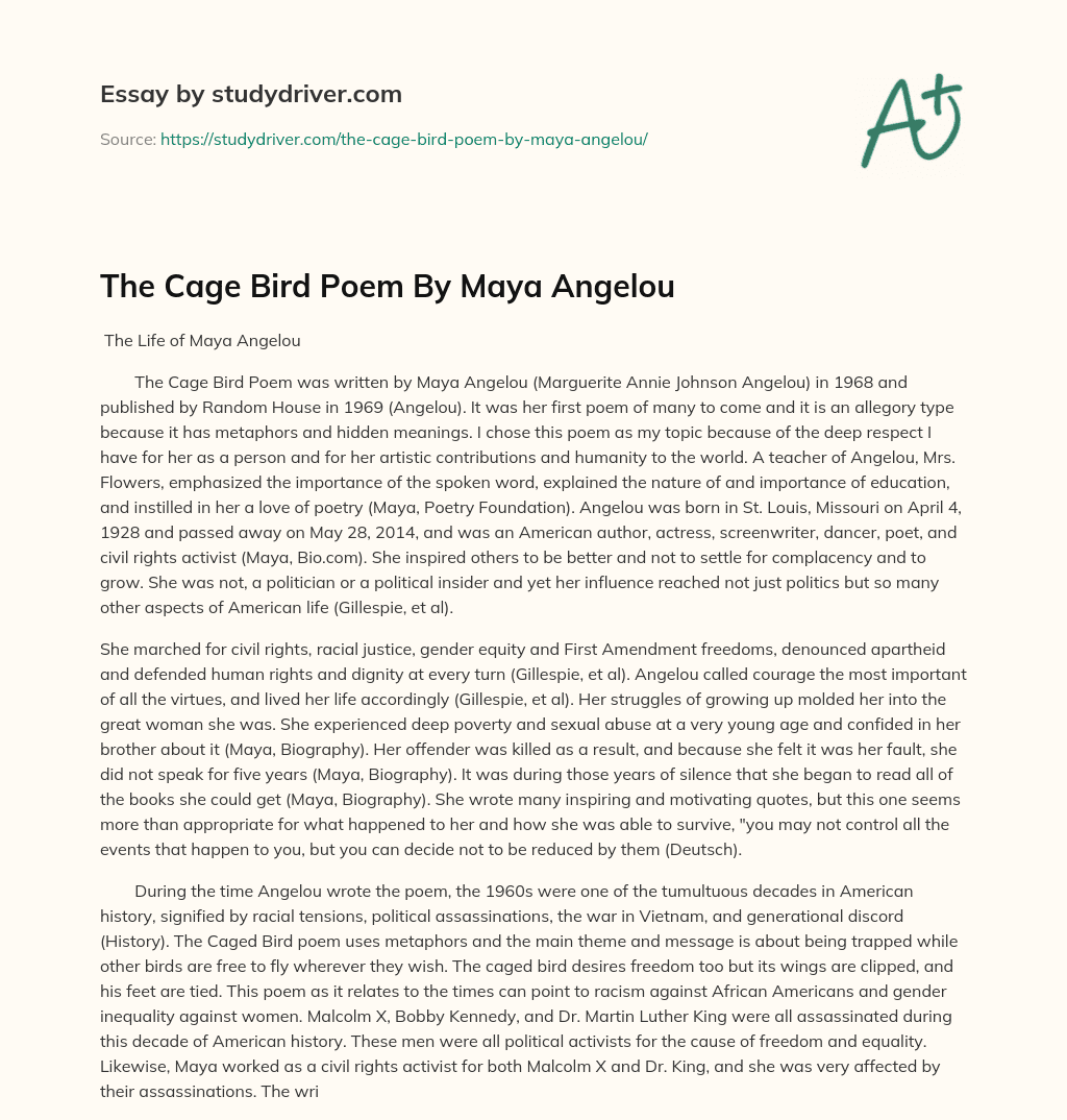 The Cage Bird Poem By Maya Angelou Free Essay Example