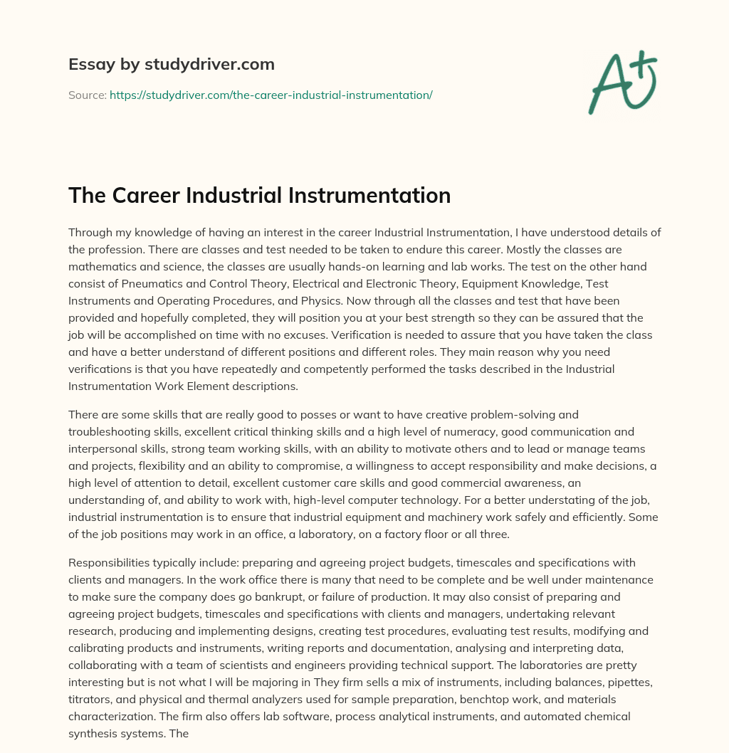 The Career Industrial Instrumentation essay
