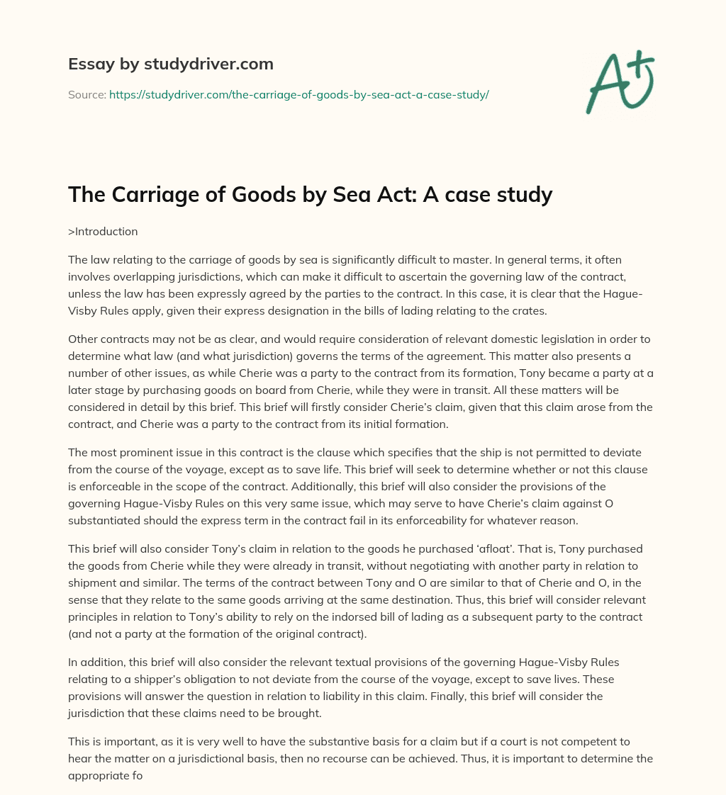 The Carriage of Goods by Sea Act: a Case Study essay