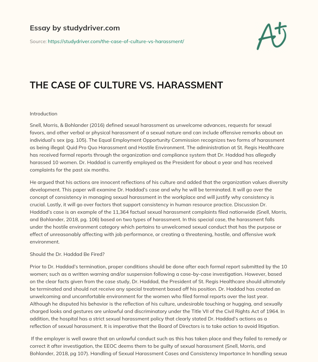 THE CASE of CULTURE VS. HARASSMENT essay
