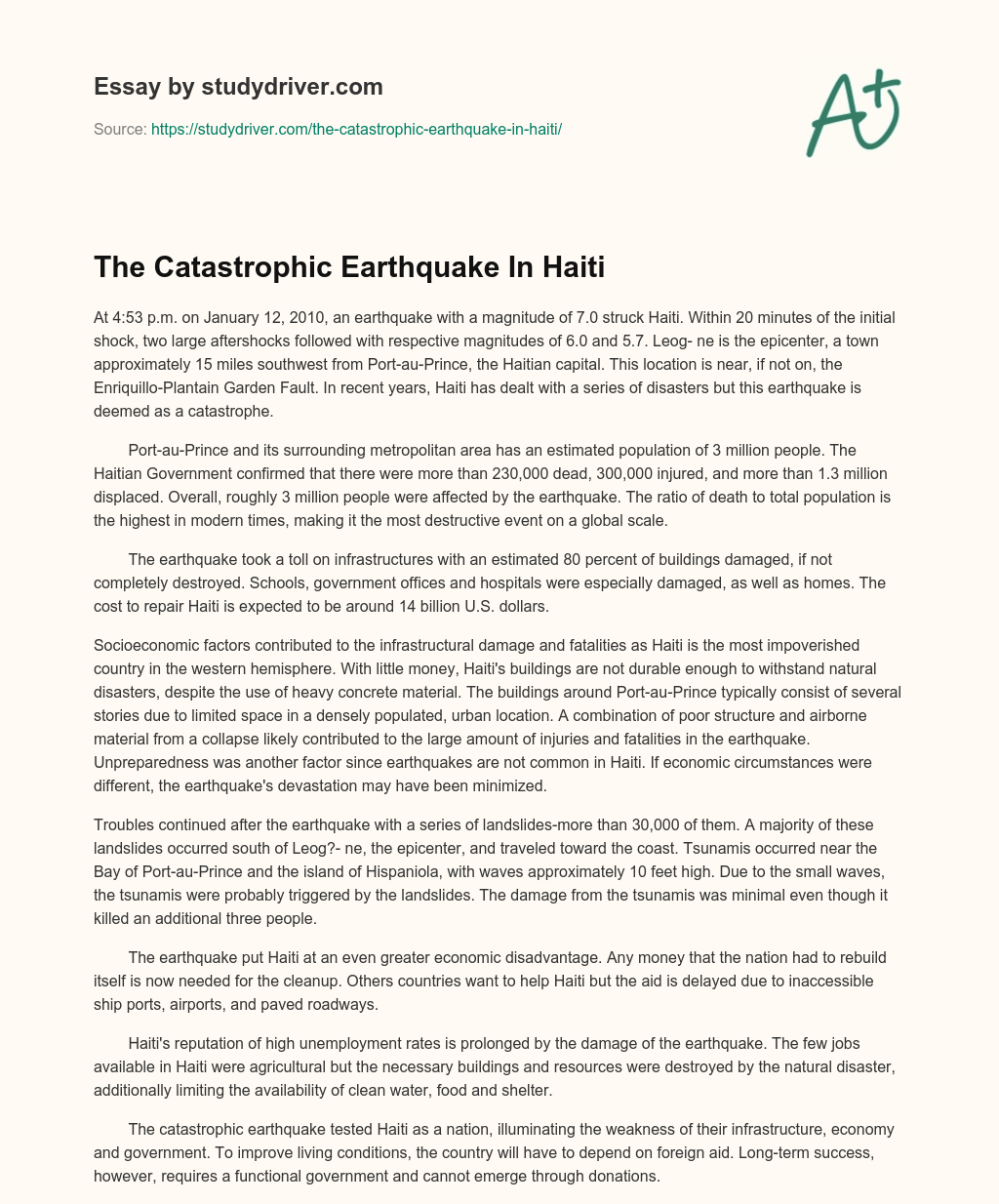 The Catastrophic Earthquake in Haiti essay