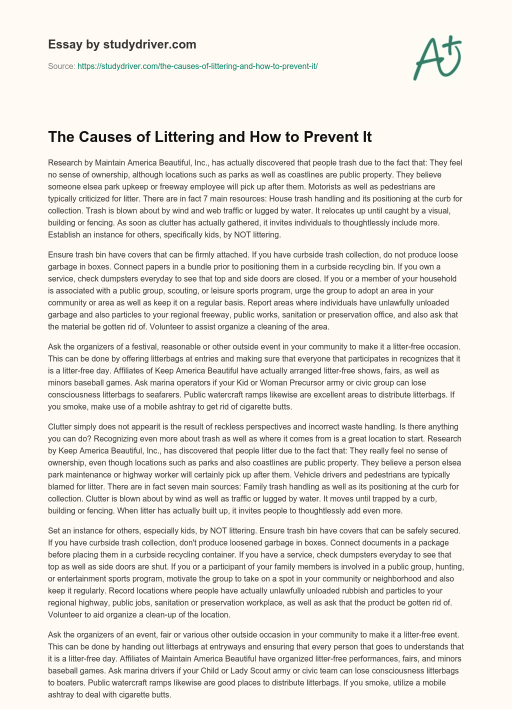 The Causes of Littering and how to Prevent it essay