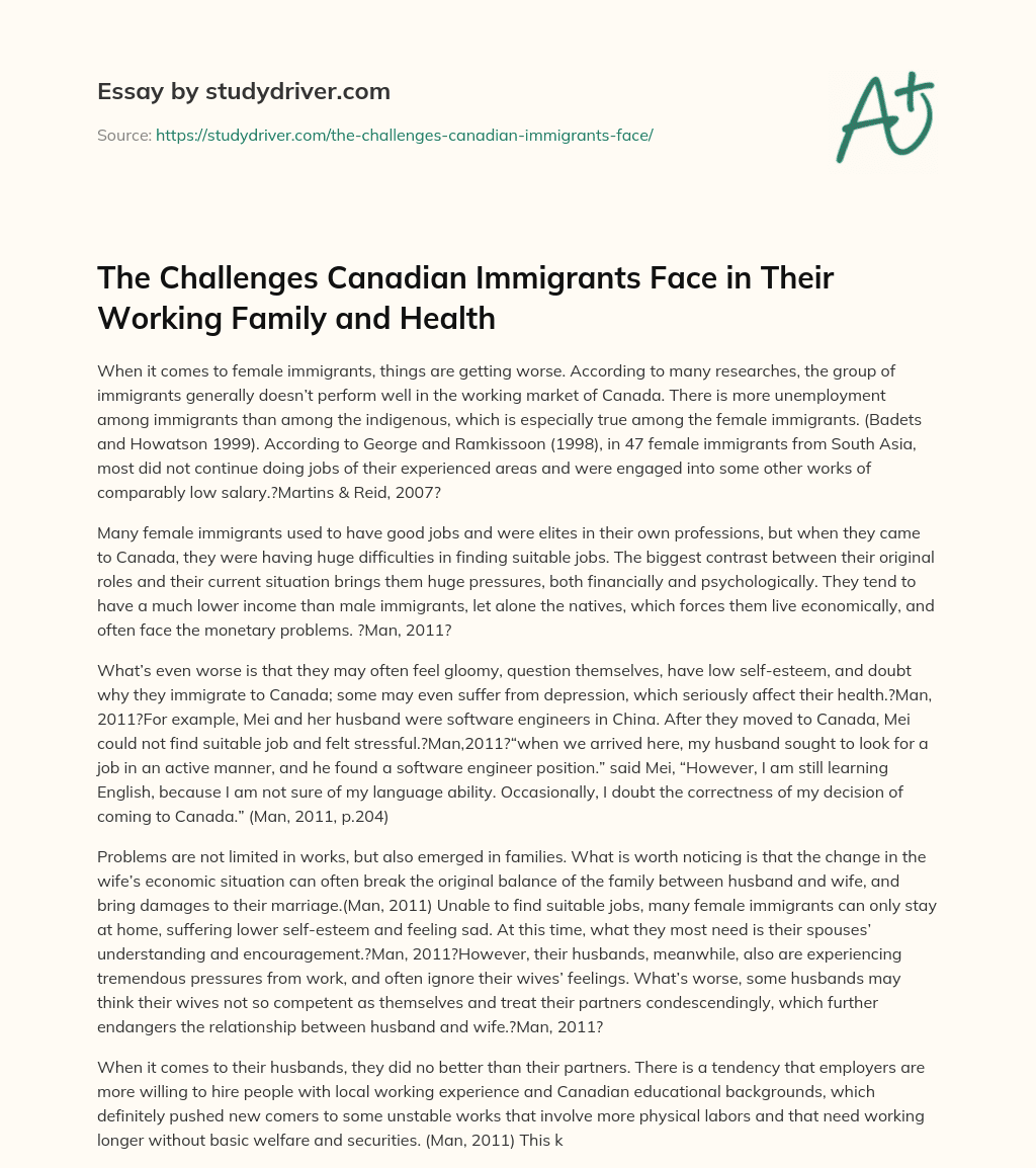The Challenges Canadian Immigrants Face in their Working Family and Health essay