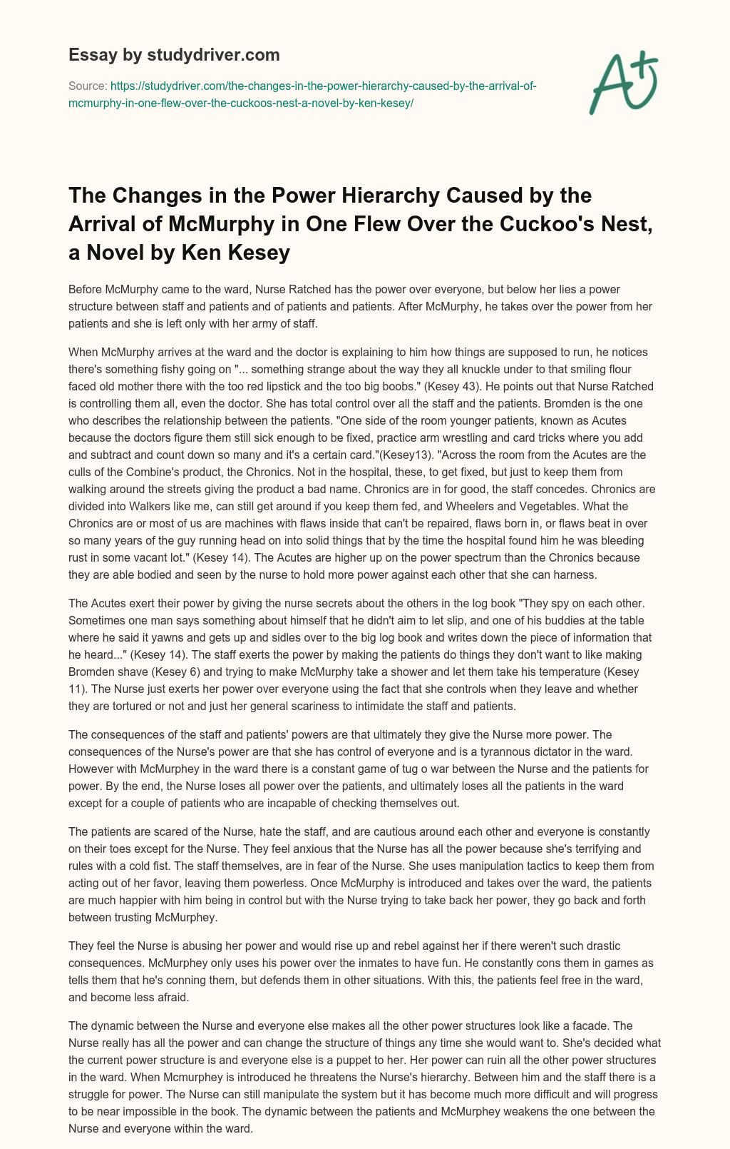 The Changes in the Power Hierarchy Caused by the Arrival of McMurphy in One Flew over the Cuckoo’s Nest, a Novel by Ken Kesey essay