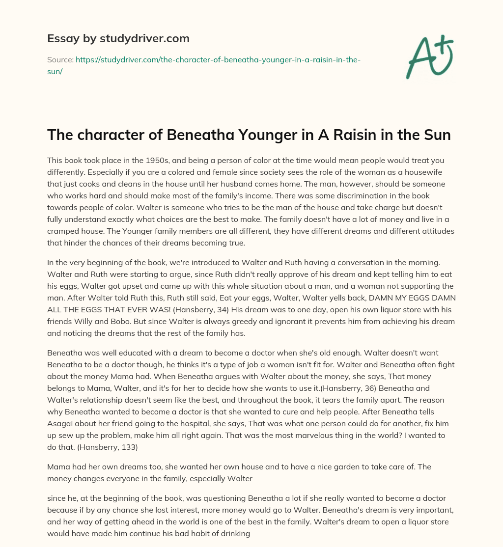 The Character of Beneatha Younger in a Raisin in the Sun essay