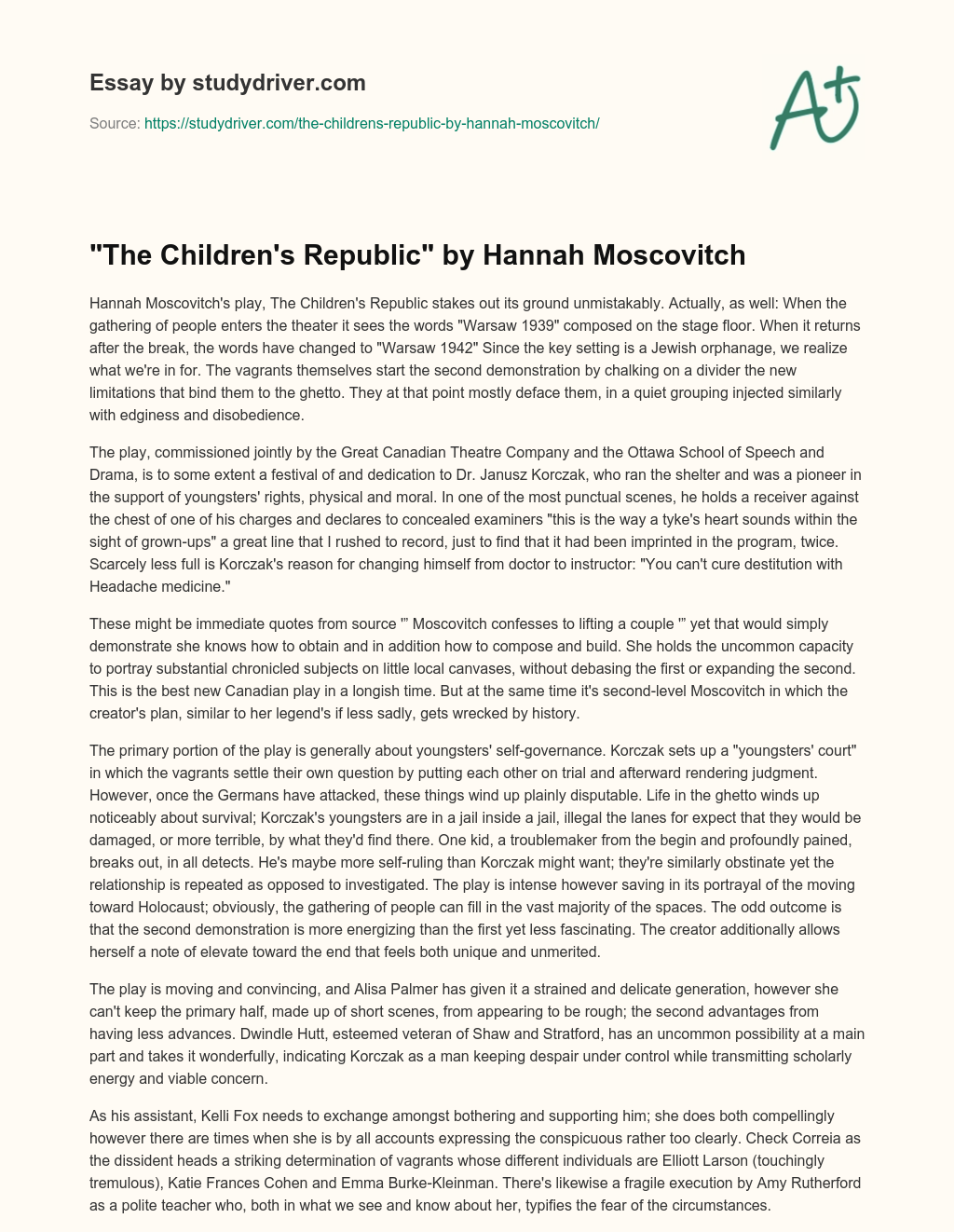 “The Children’s Republic” by Hannah Moscovitch essay