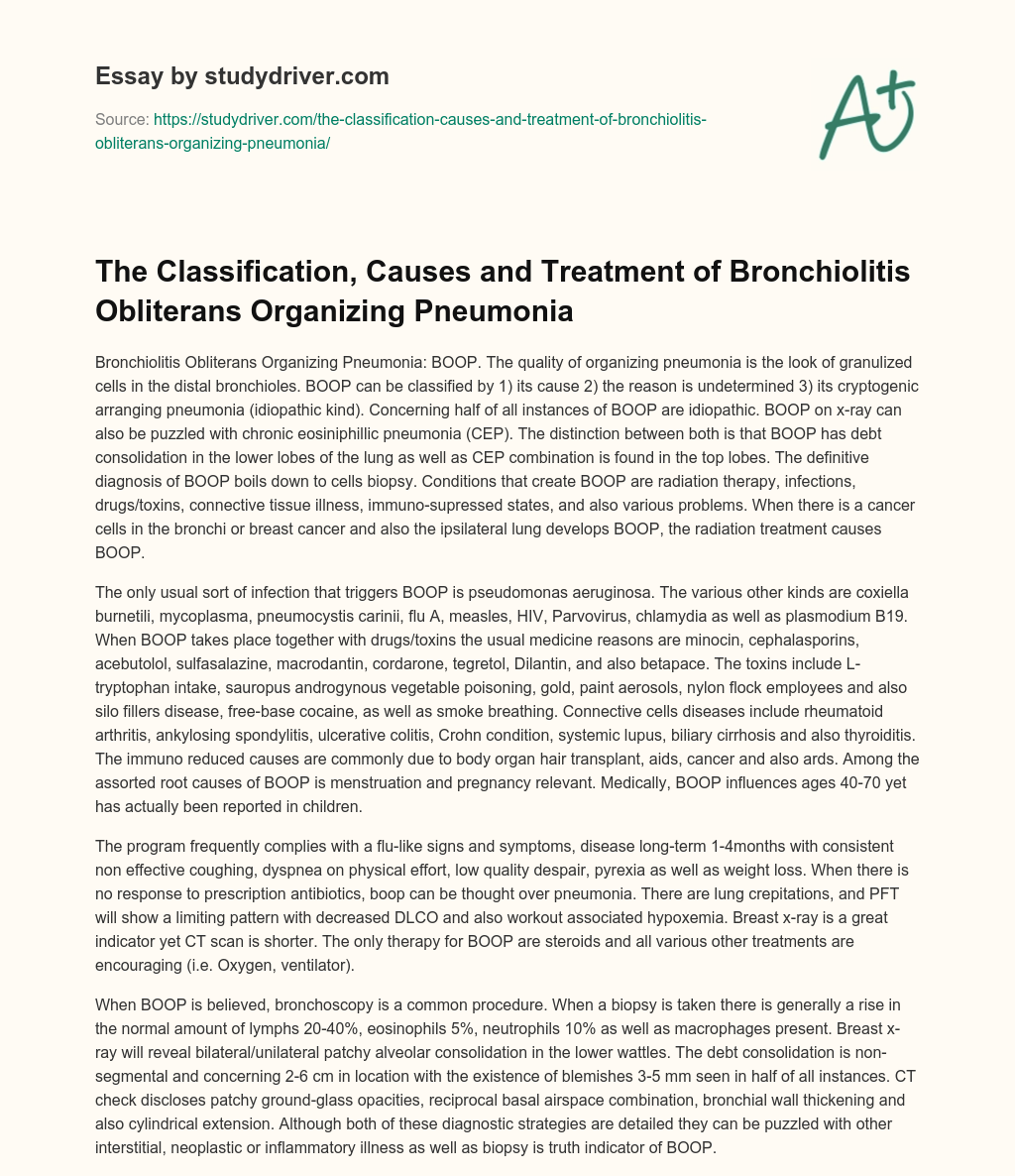 The Classification, Causes and Treatment of Bronchiolitis Obliterans Organizing Pneumonia essay